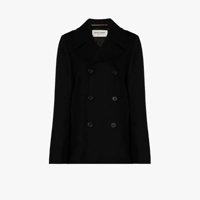 Shop Saint Laurent Double-breasted Wool Peacoat In Black