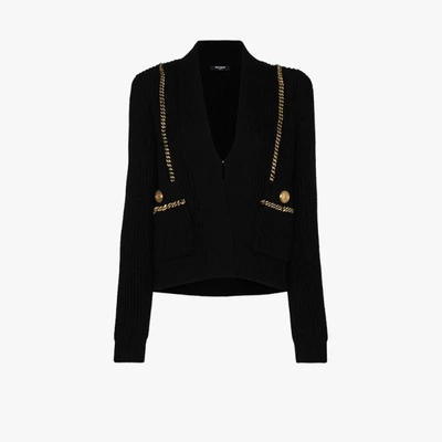 Shop Balmain Chain Detail Wool Cardigan In Black