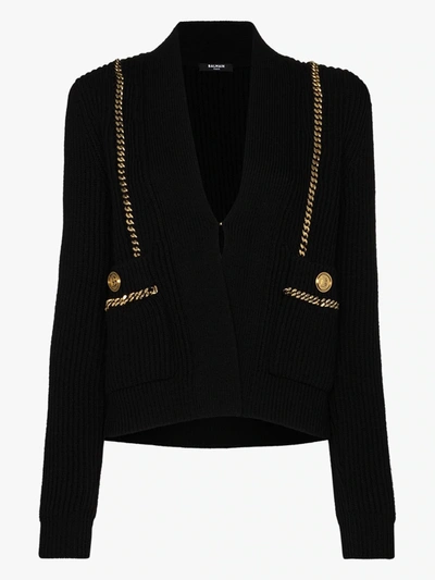 Shop Balmain Chain Detail Wool Cardigan In Black