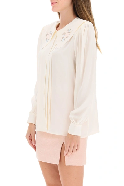 Shop Alessandra Rich Silk Shirt With Embroidered Collar In Cream