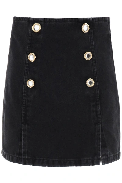 Shop Alessandra Rich Denim Mini Skirt With Jewel Buttons In Black