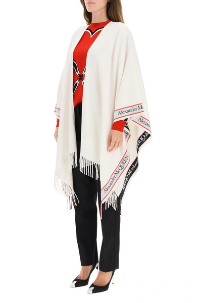 Shop Alexander Mcqueen Cape With Jacquard Logo In Ivory Red