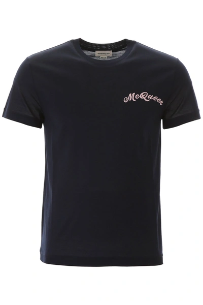 Shop Alexander Mcqueen T-shirt With Embroidered Logo In New Navy
