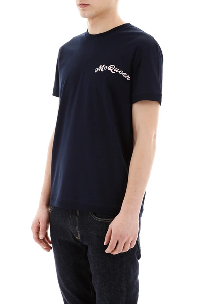 Shop Alexander Mcqueen T-shirt With Embroidered Logo In New Navy