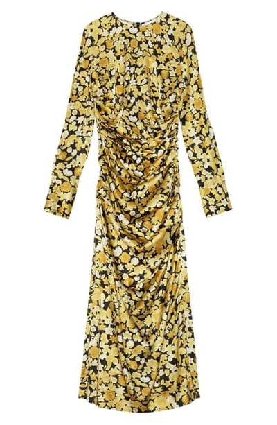 Shop Ganni Floral Print Ruched Long Sleeve Stretch Silk Satin Dress In Flan