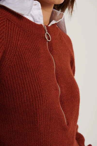 Shop Na-kd Reborn Zipper Front Knitted Sweater - Red In Rustic Red