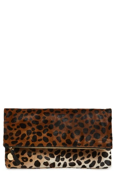 Shop Clare V Genuine Calf Hair Leopard Print Foldover Clutch In Tan