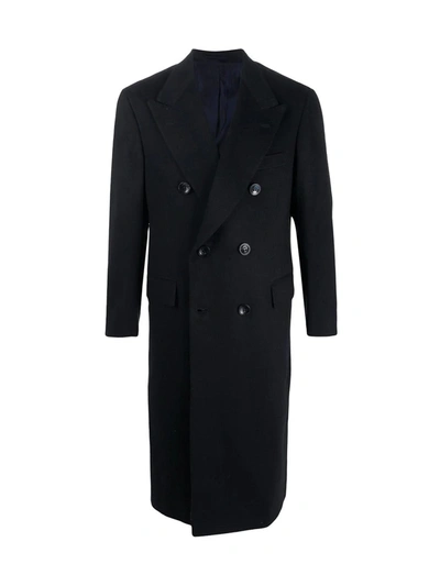 Shop Kiton Coat Classic Double Breasted In Blue Blue