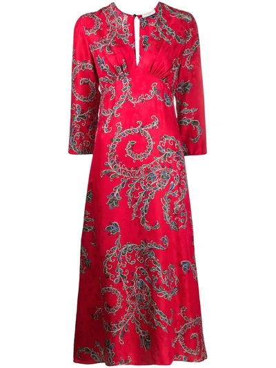 Shop Sandro Floral Flared Midi Dress In Red