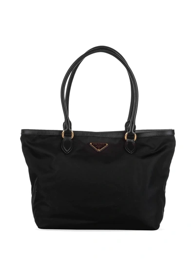 Pre-owned Prada Triangular Logo Plaque Tote Bag In Black