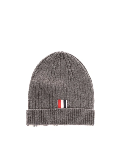 Shop Thom Browne Striped Ribbed Cap In Grey