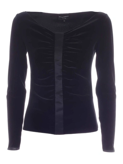 Shop Emporio Armani Pleats Velvet Blouse In Black