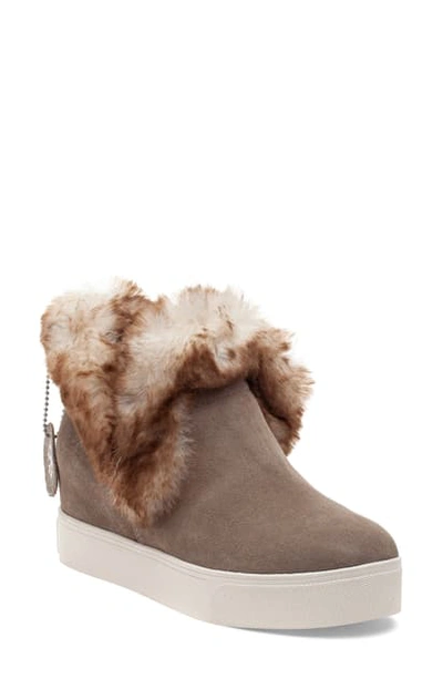 Shop Jslides Faux Fur Lined Bootie In Taupe Suede/ Beige