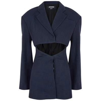 Shop Jacquemus La Veste Arles Navy Linen-blend Blazer In Dark Blue