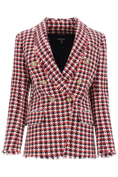 Shop Balmain Tweed Houndstooth Jacket In Rouge Marine Blanc
