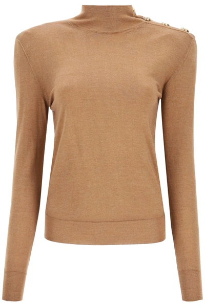 Shop Balmain Gold Button Pullover In Camel Fonce