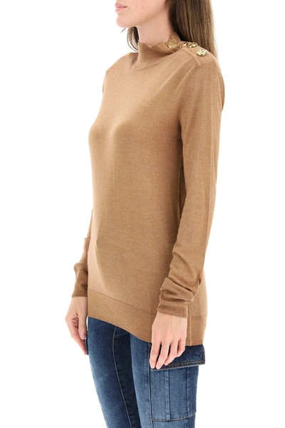 Shop Balmain Gold Button Pullover In Camel Fonce