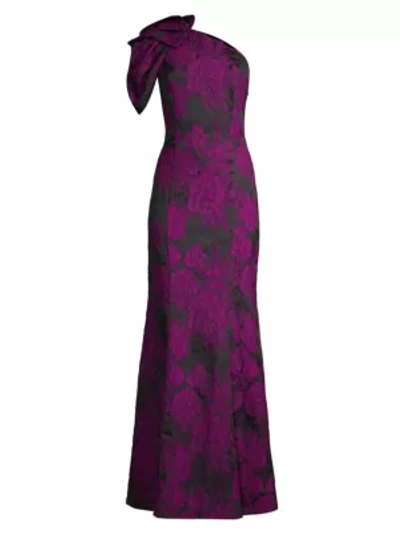 Shop Aidan Mattox One-shoulder Floral Jacquard Gown In Dark Magenta