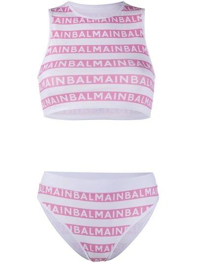 Shop Balmain Logo Stripe Bikini In White