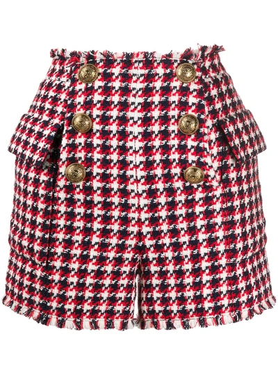 Shop Balmain Tweed Houndstooth High-waisted Shorts In Red