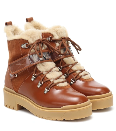 Shop Valentino Trekkgirl Shearling-trimmed Leather Ankle Boots In Brown