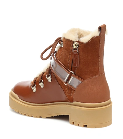 Shop Valentino Trekkgirl Shearling-trimmed Leather Ankle Boots In Brown