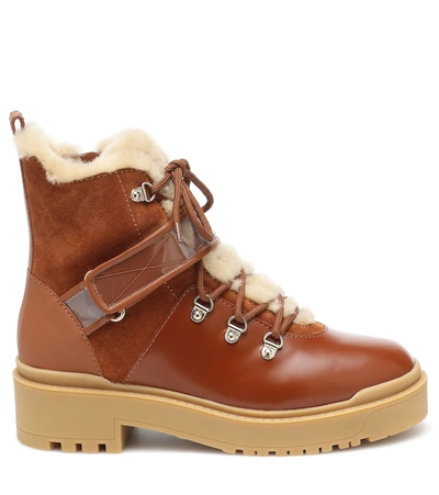 Shop Valentino Trekkgirl Shearling-trimmed Leather Ankle Boots In Brown