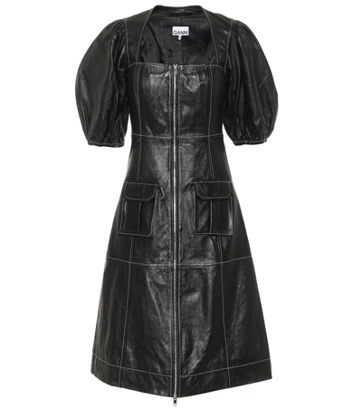 Shop Ganni Leather Midi Dress In Black