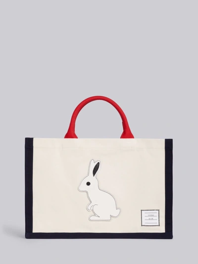 Shop Thom Browne Tricolor Cotton Canvas Rabbit Icon Applique Squared Tote In White