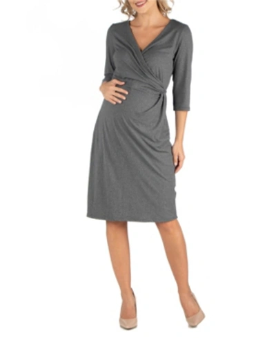Shop 24seven Comfort Apparel Three Quarter Sleeve Knee Length Maternity Wrap Dress In Gray