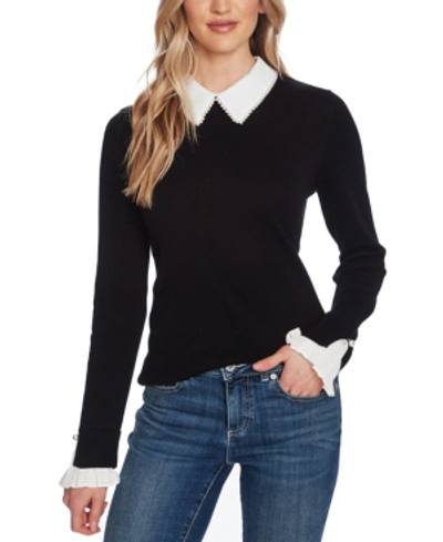Cece Imitation Pearl Peter Pan Collar Cotton Sweater In Rich Black