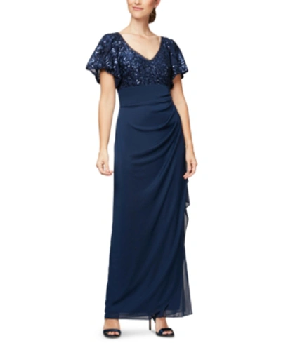 Shop Alex Evenings Petite Embroidered-sequin Empire-waist Gown In Navy Blue
