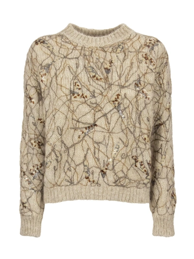 Shop Brunello Cucinelli Crewneck Sweater Mohair Sweater With Dazzling Ramage Embroidery In Beige