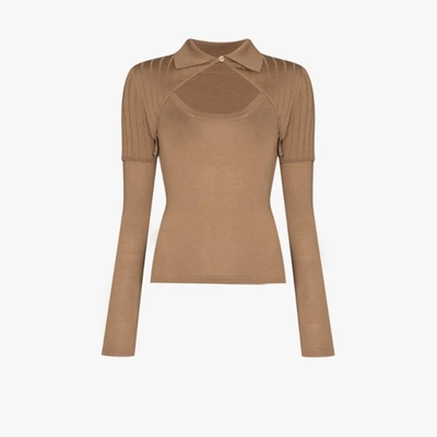 Shop Jacquemus Brown La Maille Albi Cutout Polo Shirt