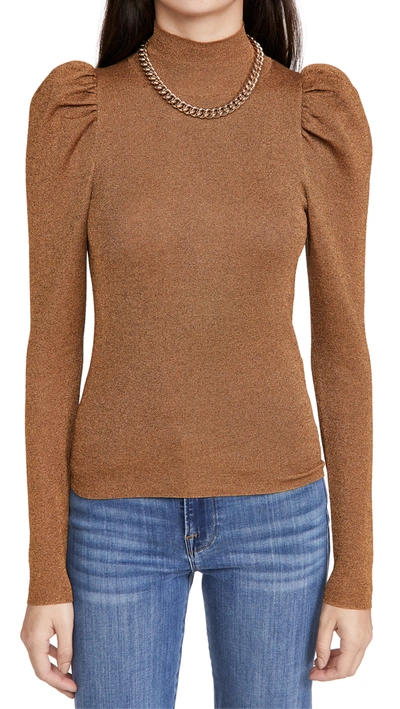 Shop Alice And Olivia Issa Turtleneck Puff Sleeve Fitted Pullover In Camel Metallic