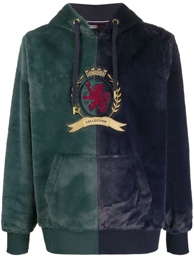 Shop Tommy Hilfiger Faux-fur Crest Embroidery Hoodie In Blue