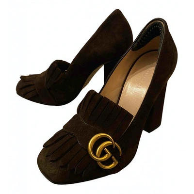 Pre-owned Gucci Marmont Brown Suede Heels