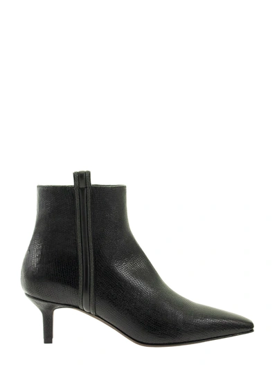 Shop Brunello Cucinelli Lizard Effect Leather Kitten Heels With Shiny Trim In Anthracite