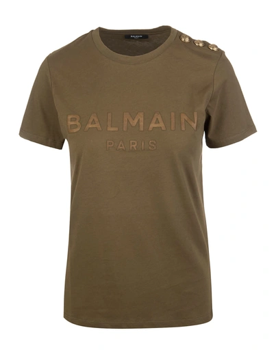 Shop Balmain Khaki  Woman T-shirt With Bronze Logo