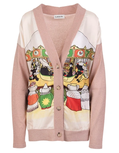 Shop Lanvin Woman Pink V-neck Cardigan With Printed Silk Panel In Pale Pink