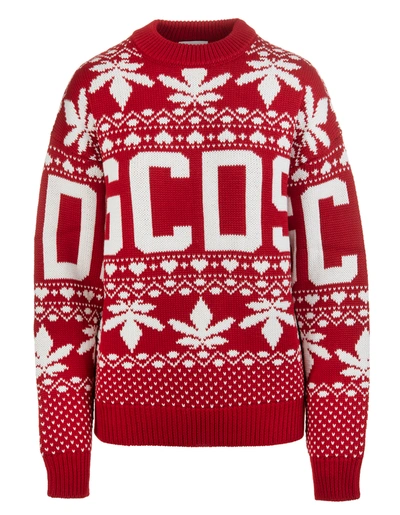 Shop Gcds Red Woman Sweater With White Pattern And Inlaid Logo