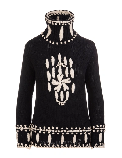 Shop Ermanno Scervino Woman Black Sweater With Embroidery In Nero/avorio