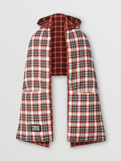 Shop Burberry Reversible Tartan Cotton Puffer Poncho In Bright Red