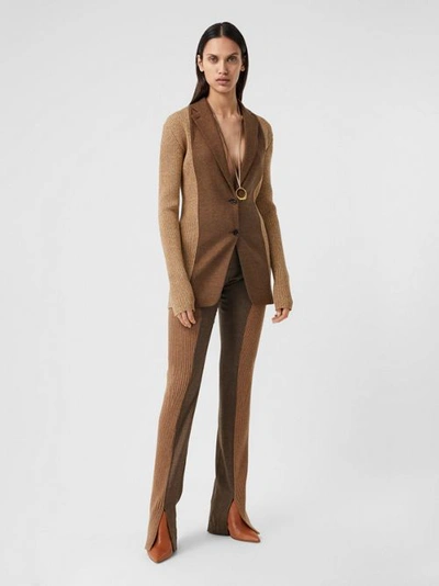 Shop Burberry Rib Knit Panel Wool Cashmere Tailored Trousers In Dark Tan