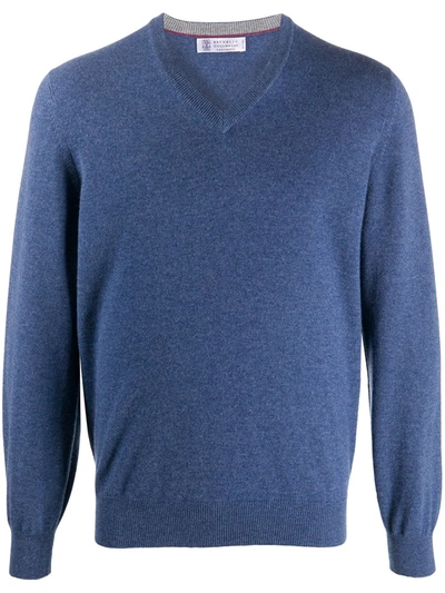 Shop Brunello Cucinelli V-neck Cashmere Jumper In Blue