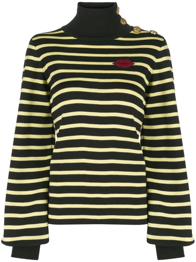 Shop Red Valentino Button-embellished Striped Wool Jumper In Black