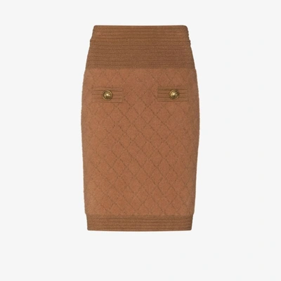 Shop Balmain Fluffy Knit Fitted Skirt In Brown