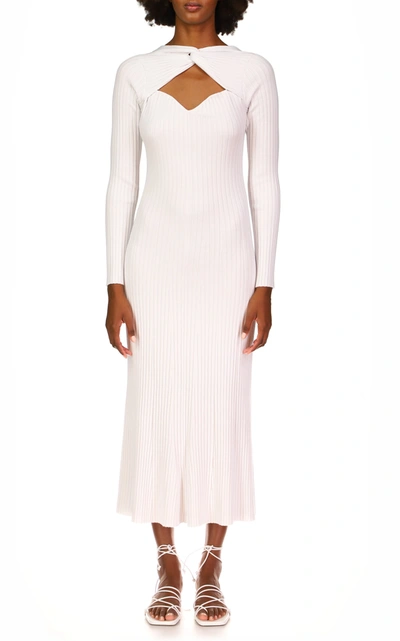 Shop Amur Vivian Ribbed-knit Midi Dress In White