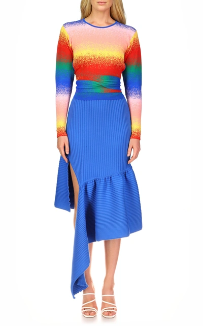 Shop Amur Isolde Asymmetric Ribbed-knit Skirt In Blue
