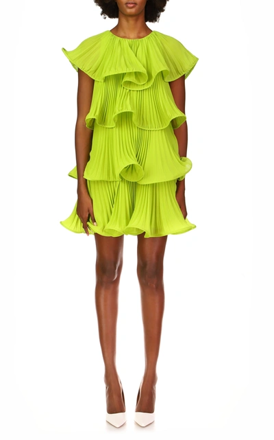 Shop Amur Breeta Pleated Chiffon Mini Dress In Green